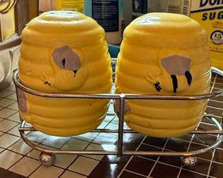 Vintage Ceramic Beehive Salt and Pepper Shakers with Metal Caddy