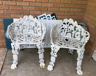 vintage white cast iron pair of outdoor barrel chairs