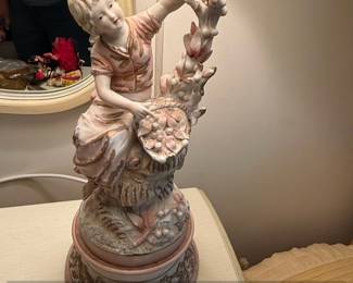 Vintage Figural Porcelain Lamp  Girl with Fruit Basket, possibly Capodimonte style