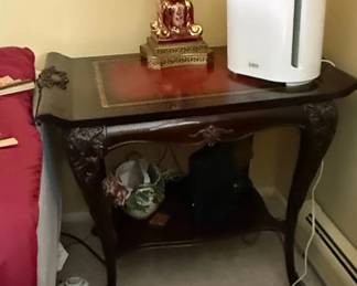Vintage French Provincial Style Mahogany Side Table with Red Leather Top