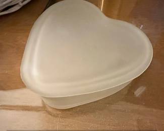 Frosted Glass HeartShaped Trinket Box with White Glass Flowers