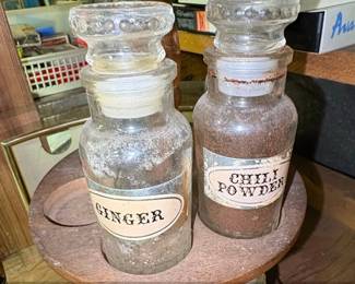 Vintage Wooden Spice Rack with Glass Jars and Labels second image
