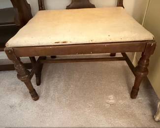 Vintage Wooden Vanity Bench with Turned Legs and Spindle Back
