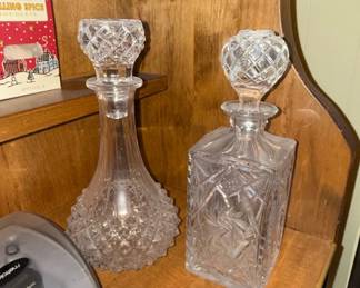 Vintage Cut Crystal Decanter Pair  Diamond and Starburst Patterns
