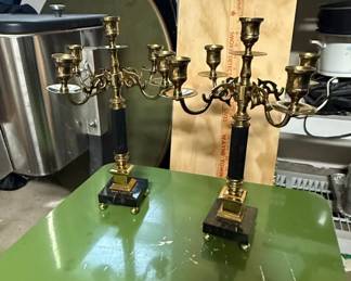 Pair of Vintage Brass and Black Marble Arm Candelabra  French Empire Style