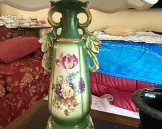 Vintage Green Porcelain Floral Urn Table Lamp  Royal Bonn Style