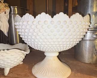 Vintage Fenton Milk Glass Hobnail Pedestal Bowl