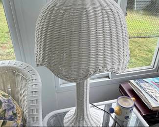Vintage White Wicker Table Lamp with Scalloped Mushroom Shade