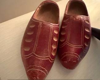 Vintage Hand Carved Red Wooden Clogs  European Souvenir