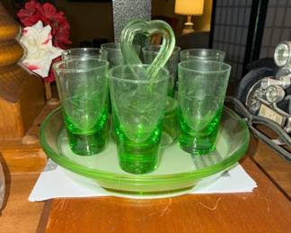 Vintage Green Uranium Glass Cordial Set with HeartHandle Tray