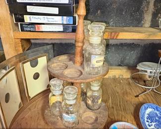 Vintage Wooden Spice Rack with Glass Jars and Labels