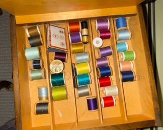 Vintage Wooden Sewing Box with Assorted Thread Spools and Notions
