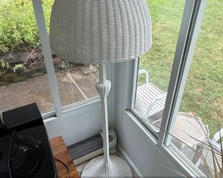 Vintage White Wicker Floor Lamp with Dome Shade