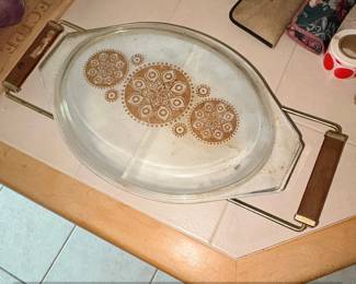 Vintage Pyrex Royal Blue Promotional Divided Casserole with Gold Medallion Lid and Cradle