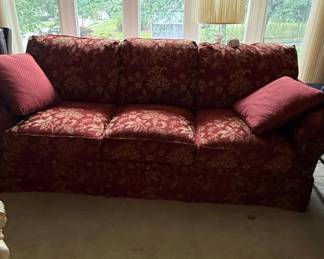 Ethan Allen Red Floral Upholstered ThreeCushion Sofa second image