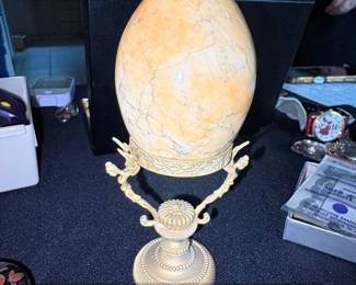 Decorative Marbled Stone Egg on Ornate GoldTone Stand