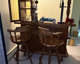 Vintage Wooden Home Bar with Stools and Eagle Emblem