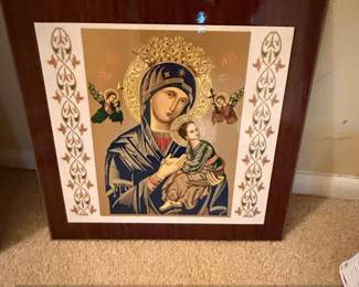 Our Lady of Perpetual Help Wood Icon Plaque with Floral Border