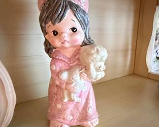 Vintage Chalkware Girl with Poodle Figurine