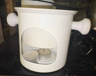 Vintage White Enamel Teapot Warmer or Fondue Pot