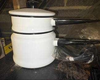 Vintage White Enamelware Double Boiler with Black Trim and Handles