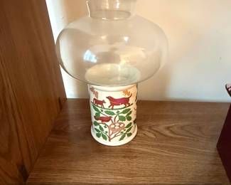 Vintage Ceramic Hurricane Candle Lamp with Dog and Bird Motif
