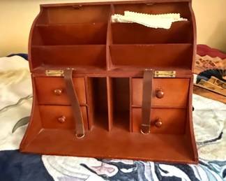 Vintage Wooden Desk Organizer with Drawers and Leather Straps