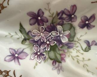 Vintage Arnart Porcelain Leaf Shaped Dish with Violets and Gold Trim second image