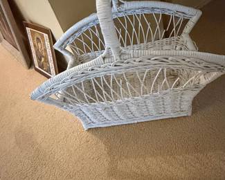 Vintage White Painted Wicker Magazine Rack