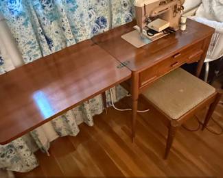 Vintage Singer Sewing Machine in MidCentury Wooden Cabinet with Stool