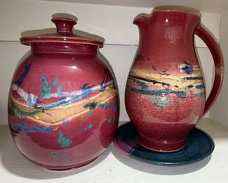 T. Weber Studio Pottery Lidded Jar and Pitcher Set
