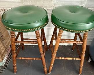 Pair of Green Tufted Spindle Leg Bar Stools