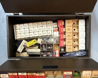 Vintage Vacuum Tube Collection in Repairman's Caddy
