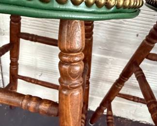 Pair of Green Tufted Spindle Leg Bar Stools