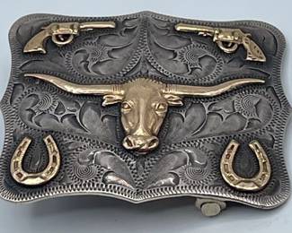 Rare Signed Chet Smith Western Belt Buckle Sterling and 14K Gold Overlay