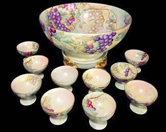 Antique Signed AA Harvey Hand Painted Punch Bowl Set...This Thing is Gorgeous