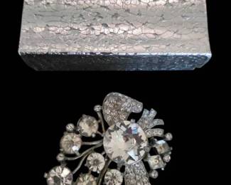 Magnificent Vintage Eisenberg Original Sterling Silver Rhinestone Floral Spray Fur Clip Brooch