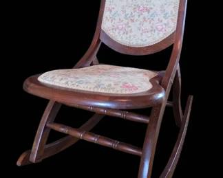 AntiqueVintage VictorianStyle Folding Nursing Rocker With Floral Tapestry