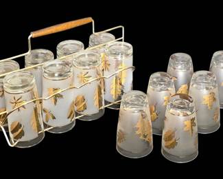 Vintage MidCentury Modern Frosted  Gold Leaf Glassware Set With Caddy