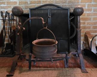 Antique Wrought Iron Hearth Set Swivel Crane Andirons  Full Fireside Accessories
