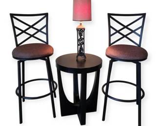Contemporary Home Accent Lot Cheyenne Barstools, Pedestal Table  Filigree Lamp
