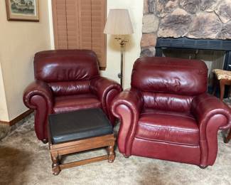 Pair of red “leather” chairs-42x37 ottoman-20x24x16
