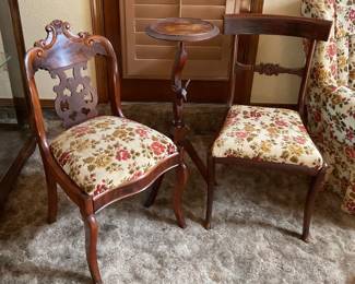 Floral chairs-18x33 small round table with deer face-12x32