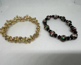 Two Bracelets: Gold-tone Floral and Red Cloisonné Bead
