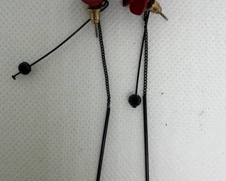Red Poppy Flower Dangle Earrings with Black Beads and Chains