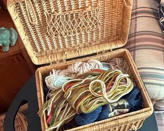 Vintage Wicker Sewing Basket with Yarn and Notions