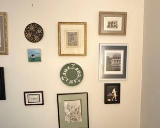 Assorted Framed Wall Art Collection with Decorative Plate and Needlepoint
