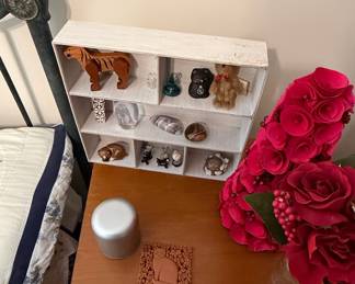 Assorted Decorative Miniatures and Display Shelf