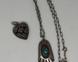Vintage Sterling Silver Turquoise Hand Pendant Necklace and Marcasite Heart Pendant Necklace