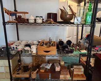 Assorted Decorative and Household Items on Black Wire Shelving Unit
